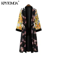 Kpytomoa donna moda patchwork velluto con cinturino kimono camicette vintage stampa floreale cardigan camicie femminili chic long top 210401