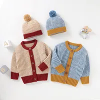 Pullover Focusnorm 2pcs 사랑스러운 아기 소녀 스웨터 코트 + 모자 0-18m 단단한 패치 워크 싱글 브레스트 니트 카디건 outwear