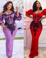 Purple Satin Aso Ebi Prom Dresses 2021 Mermaid Off the Shoulder African Black Girl Eveing Party Wear Vestidos Occasion Dress