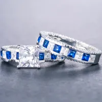 Unika lyxsmycken 925 Sterling Silver Rings Princess Cut Emerald Topaz Gemstones Party Eternity Bridal Ring Set för Lover's Gift 1076 B3