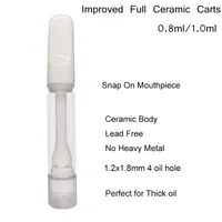 0.8ml 1.0ml Thicker Oil Atomizers Improved Full Ceramic Cartridge Childproof Tank Empty 510 Snap-On Disposable Vaprozer Pen Cartridges