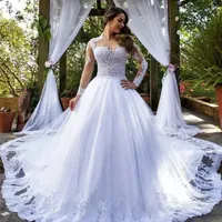 Новейшие изящные свадебные платья белый темперамент хвостовой свадьбы платье большие свадебные платья с длинным рукавом кружевные аппликации Vestidos de Novia