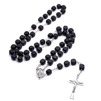 2021 Black Square Wood Christ Rosary Neckalce Vintage Cross Beads Strand Necklace Long Religious Pray Jewelry New