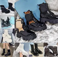 Designer Woman Ankle Martin Boot high Platform Rubber heel sole Nylon combat womens leather boots Desert Short Booties bouch attached with bags shoe triangle Logo