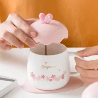 Mugs Super Cute Water Cup Girl Net Red Cherry Blossom Ceramic With A Cover Spoon Mug Ins Powder Creative Heart