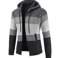 팔리자 남성 스웨터 코트 가을 겨울 두꺼운 따뜻한 두건이 낀 스트라이프 양모 스웨터 카디건 점퍼 지퍼 양털 남자 XY103 211108
