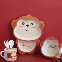 NXY Cups Dishes Utensils Baby Tableware Lovely Cartoon Children Feeding Kids Dish Bamboo Fiber Dinnerware Set With Bowl Fork Cup Spoon Plate 5Pcs 220126