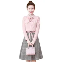 Two Piece Dress Coat Shirt Grid Skirt Leisure Women Suits Korean Fashion Autumn Fairy Two-piece Clothing Set Vestido Blouse Top Bow Outfit