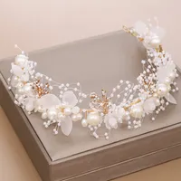 Ny Pearl Flower Headband Handvävd Guldblad Huvudbonad Barnhår Smycken
