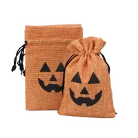 Wholesale New Halloween Party Supplies Linen Candy Bag Gift Bags Orange Pumpkin Head Wrapping Drawstring Pocket in stock