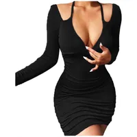 Повседневные платья 2021 Bodycon Сексуальные дамы вязаное свитер платье женщины с длинным рукавом Halter Hollow Элегантная партия Club Slim Осень Plus Размер