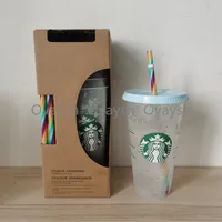 24OZ/710ml Starbucks Rainbow Plastic Tumbler Reusable Clear Drinking Flat Bottom Cup Pillar Shape Lid Straw Mug Bardian L1