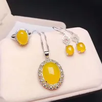 Joyas finas Natural Amarillo Anillo de Calcedonia Pendientes Colgantes Gratis 925 Collar de plata Conjuntos Mujeres