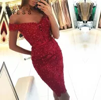 Luxury Red Beaded Sequined Lace Cocktail Dresses Sheath Off Shoulder Elegant Knee Length Women Occasion Evening Prom Gowns With Belt