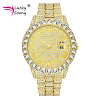 Armbanduhren Lucky Sonny Herrenuhr 18k vergoldet mit MicroPave CZ Glänzendem Diamantarmband für Männer Mode Uhren Uhren