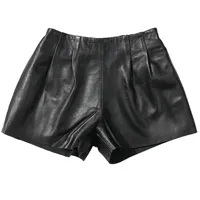 Jupes Femmes Noir Cuir Véritable Culture Court Pantalon Haute Taille Sashes Poches 2021 Bureau Dames Pantalons véritables