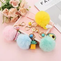 Kimter Lovely Fruit Key Rings for Girls Fashion Fluffy Pompom Keychains Colorful Fur Ball Plush Keyring Jewelry Accessories