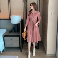 Lucyever 2021 Spring Vintage Dress Womens Corean Style Down Rownlar Long Long Woman Sashes Sashes Elegant Outwear Dresses Casual