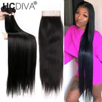 Human Hair Bulks 40inch Straight Bundle With Closure Brazilian 4x4 And Bundles 4 Remy Middles Part