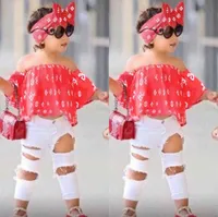 Kids Summer Girls Clothing Sets Off Shoulder Top + Hole White Pants + Hairband Girls Clothes set Children Clothes E5HX