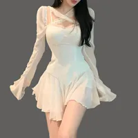 Повседневные платья лето мини-платье женщины белый слойный рукав корейский стиль фея плиссированный шифон япония сексуальная элегантная винтажная вечеринка