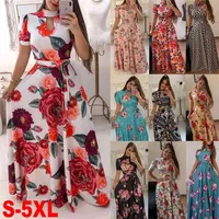 Letnie kobiety Długa Dress Casual Floral Print Boho Beach Maxi Dresso-Neck Bandaż Eleganckie Damskie Party Vestidos de feata 5xl 210331