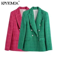 KPYTOMOA Women Fashion Double Breasted Tweed Green Blazer Coat Vintage Long Sleeve Flap Pockets Female Outerwear Chic Veste 211109