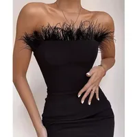 Summer Sexy Strapless Backless Feather Black Midi Women Bodycon Bandage Dress Designer Fashion Party Club Vestido 220111