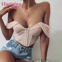 Kealofea Off Shoulder Mesh Crop Top Sexy Side-Biersed Boning Gorset Topy Moda Padded Bustier Girls Streetwear Bluzka 210520