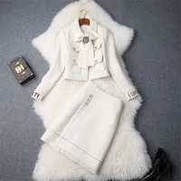 Outono inverno moda fashion mulheres vestido set bowknot curto tweed jaqueta de lã com saia terno elegante lady party escritório 2 peça outfit