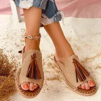 여성의 샌들 아름 다운 로마 스타일 술 레오파드 인쇄 여름 신발 여성을위한 Comfy 검투사 평면 여성 슬라이드 신발