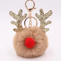 Sleutelhangers Pailletten Elanden Kerst Keychain Sleutelhanger Dames Rendier Antlers Leuke Multicolor Pom Ball Car Bag Charm Gift