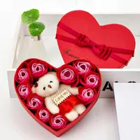 10 Flowers Soap Flower Gift Rose Box Bears Bouquet For 2021 Valentines Day Wedding Decoration Festival Heart-shaped Box