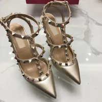 Hot Sale-2019 Patent Leather Women Stud Sandals Point Toe Two Ankle Buckles Ladies Sexy Rivets High Heels Neon Color Dress Shoes