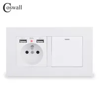 COSWALL French Standard Wall Socket With 2 USB Charge Port + 1 Gang 1 Way On / Off Rocker Light Switch PC Panel Black White Grey 211007