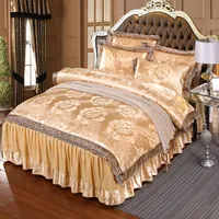 Luxury Jacquard Satin Bedding Set King Queen Size 4pcs Bed Skirt Linen Silk/Cotton Lace Embroidered Duvet Cover Bedspread Bedsheet Pillowcases Europe Home Textile
