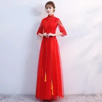 Kobiety eleganckie frędzane wykończenie długa suknia bankietowa wykwintne aplikacje kwiatowe formalne sukienki imprezowe czerwone chińskie sukienki ślubne ślubne ubrania etniczne