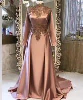 Elegante marrom dubai árabe muçulmano de mangas compridas vestidos de noite apliques de laço de contas cetim formal vestido vestido de festa feito sob encomenda