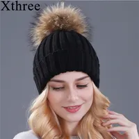 Xthree Natural Mink Fur Winter Hat för Kvinnors Tjejs stickade mössa med POM Märke Tjock Kvinnlig Cap Skullies Bonnet 220112