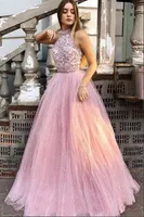 Sparkly A-Line High Neck Beads Top Prom Vestidos Lantejoulas Backless Sweep Train Formal Party Dress