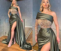 Aso Ebi 2021 Arabic Plus Size Mermaid Beaded Lace Evening Dresses One Shoulder High Split Prom Formal Party Second Reception Gowns ZJ426