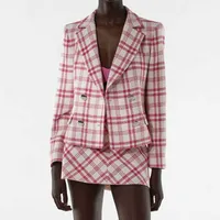 Suits ZA Gritish Xadrez Office Mulheres Terno Ternos de 2 peças Spring Moda Simples Slim Skirt Skirt 210601