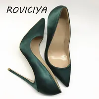 Elbise Ayakkabı Siyahımsı Yeşil İpek Seksi Olgun Kadın Kadın Klasikleri Pompalar 12 cm Yüksek Topuk Sivri Burun Düğün BM003 Roviciya