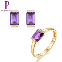 Bracelet, Earrings & Necklace LP Solid 9K 18K Yellow Gold Natural Gemstone Amethyst Stud Ring Bridal Jewelry Sets For Women EngagementGift