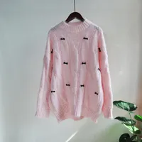 Женские свитеры лук вязаные женщины вязаный зимний свитер для пуловеков розовый цвет сладкий стиль винтовая резьба греется пушистый