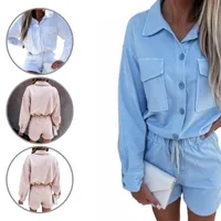 Women&#039;s Tracksuits Female Fashion Casual Lace Up Solid Top Shorts Suit Two Piece Set Women Color Accessory