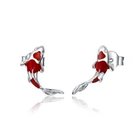 Bamoer Fish Red Enamel Stud Örhängen för kvinnor 925 Sterling Silver Spring Koi Ear Studs Festival Silver Mode Smycken 1771 V2