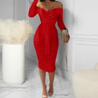 Повседневные платья V-образным вырезом Одиночные платья женщины 2021 осень с длинным рукавом сплошной мода с плеча Ruched Rebeded Robe De Soirée