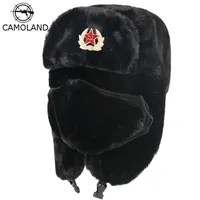 CAMOLAND Soviet Army Military Badge Bomber Hat Men Women Russia Ushanka Hats Faux Rabbit Fur Earflap Snow Caps Trapper Hats 211227