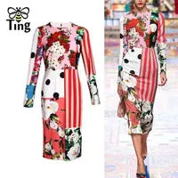 디자이너 패션 봄 여름 바디 콘 드레스 여성의 꽃 핑크 프린트 우아한 사무실 숙녀 활주로 드레스 Vestidos 210513
